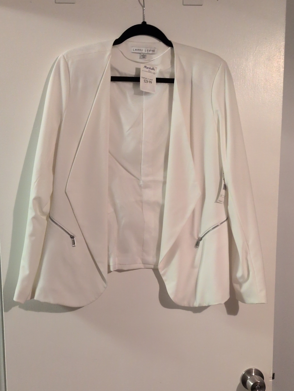 Larry Levine White Open-Front Draped Blazer with Zip Pockets